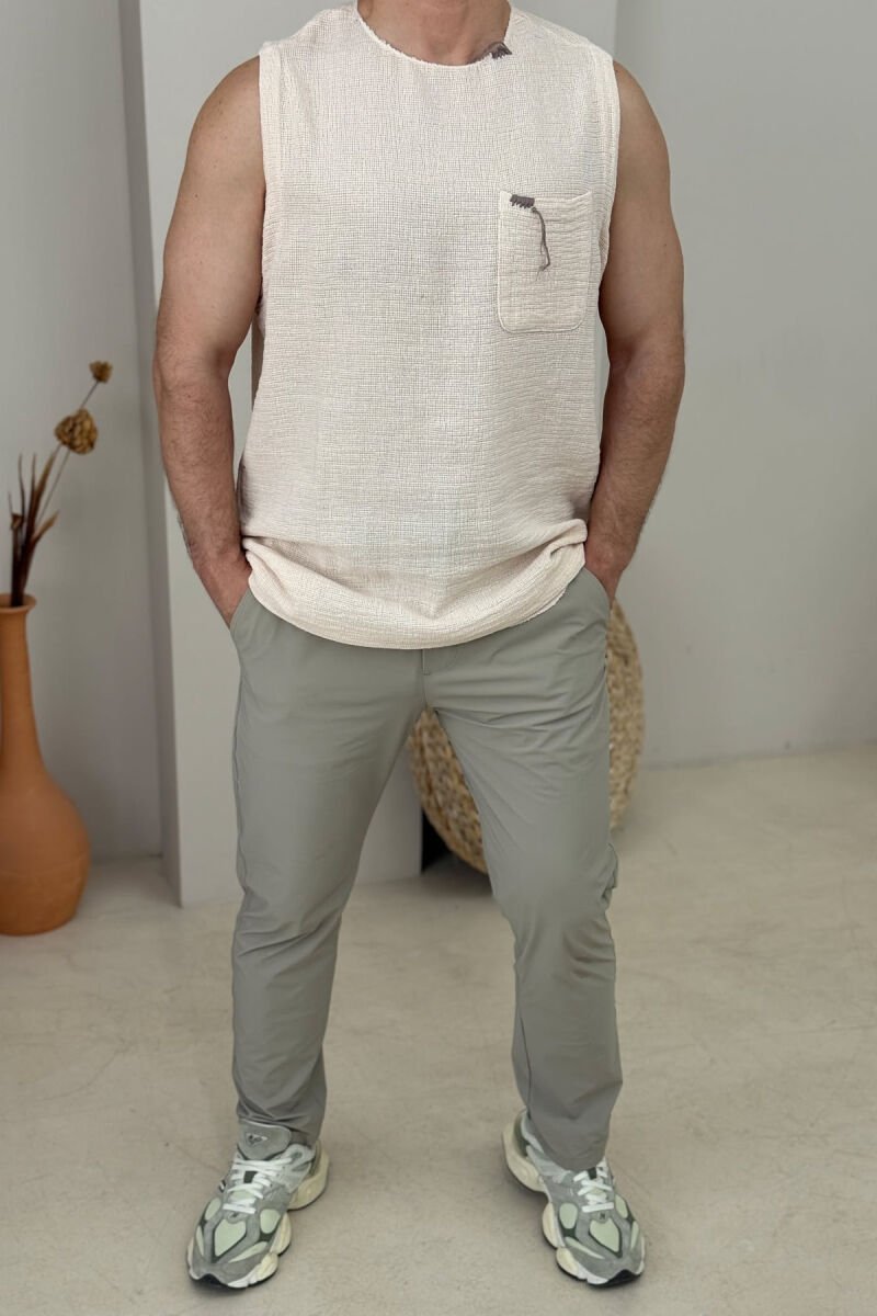 SINGLE POCKET SIMPLE MEN TANK TOP CREAM/KREM - 1