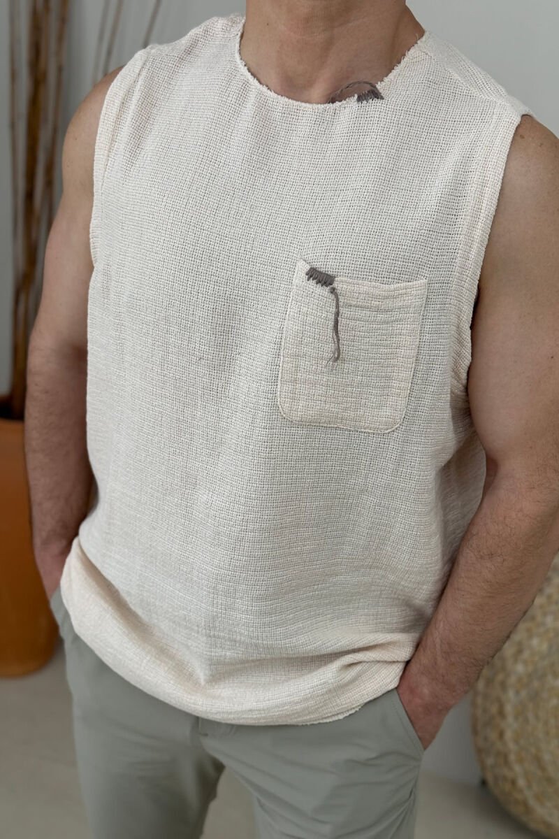 SINGLE POCKET SIMPLE MEN TANK TOP CREAM/KREM - 2