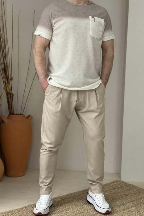 SINGLE POCKET SMALL DETAILS MEN T-SHIRT CREM+BEIGE/KREM+BEZHE - KLAUDIO FASHION