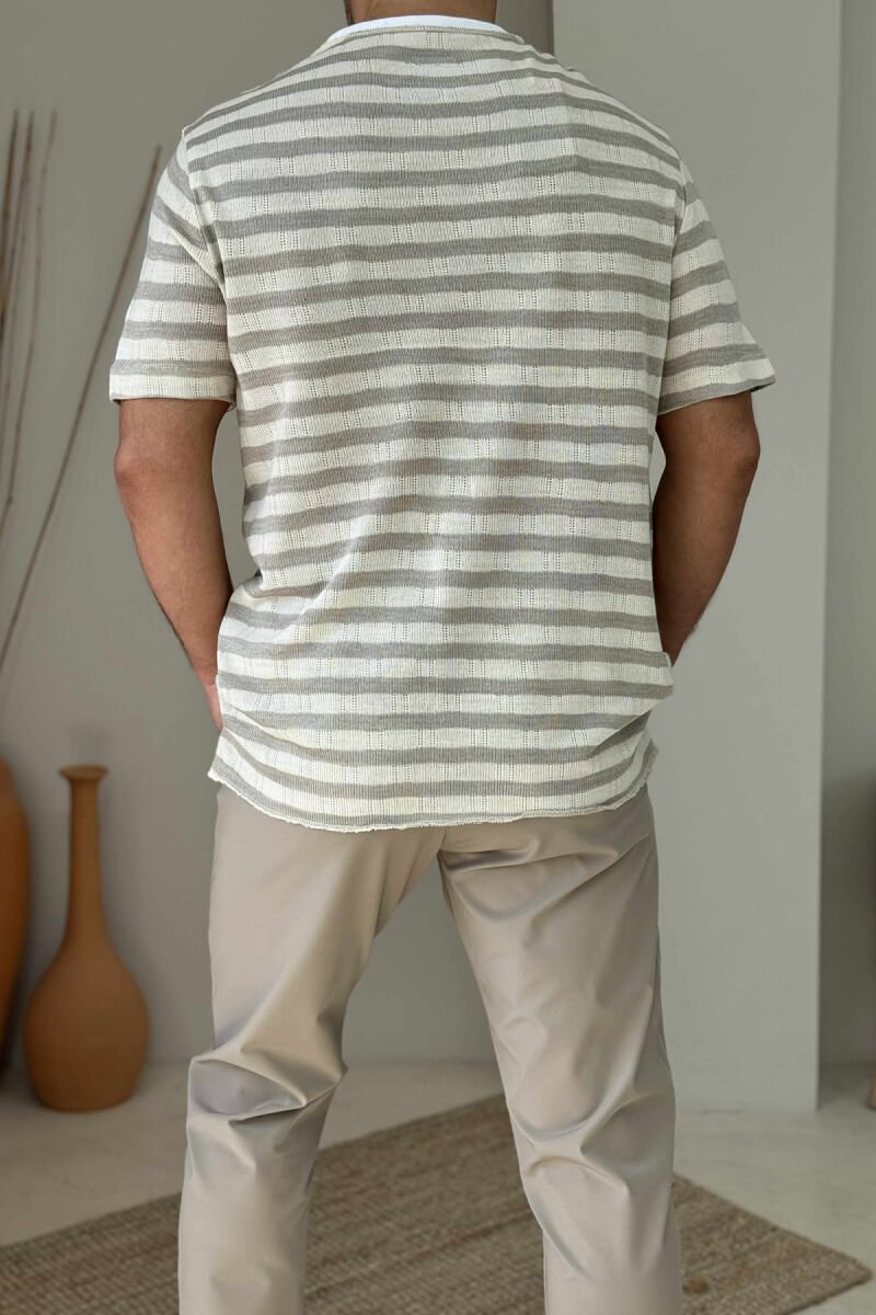 SINGLE POCKET STRIPED MEN T-SHIRT BEIGE/BEZHE - 2