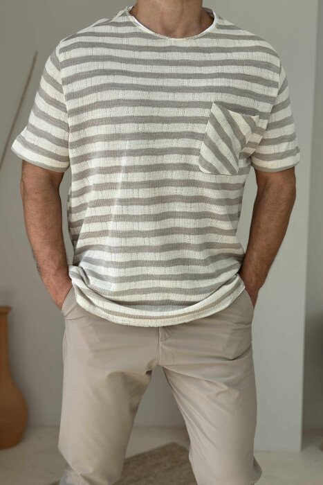 SINGLE POCKET STRIPED MEN T-SHIRT BEIGE/BEZHE - 3