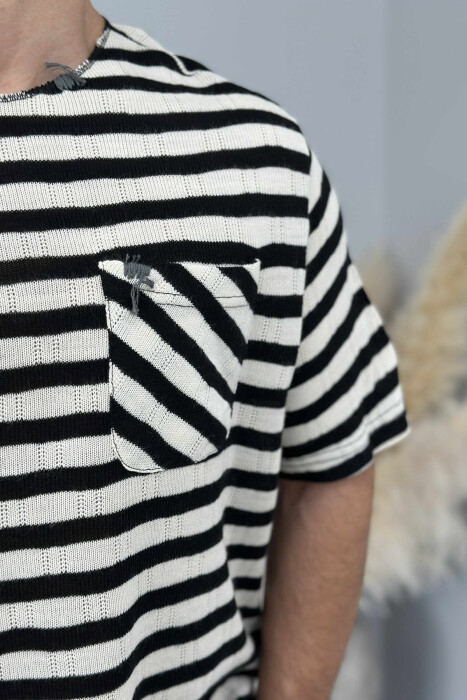 SINGLE POCKET STRIPED MEN T-SHIRT BLACK-CREAM/ZEKR - 4