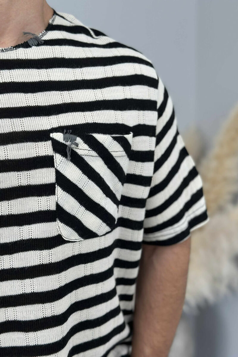 SINGLE POCKET STRIPED MEN T-SHIRT BLACK-CREAM/ZEKR - 4