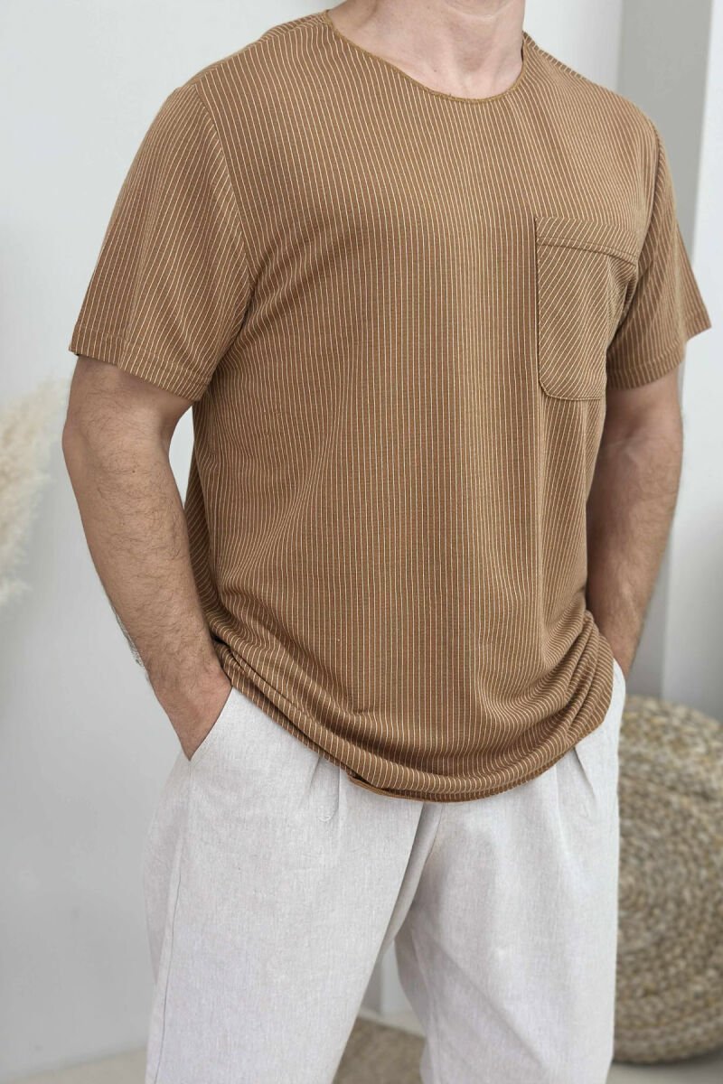 SINGLE POCKET STRIPES MEN T-SHIRT BROWN/KAFE - 2