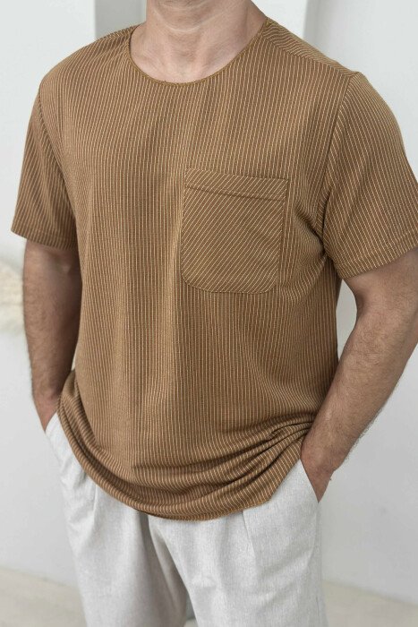 SINGLE POCKET STRIPES MEN T-SHIRT BROWN/KAFE - 3