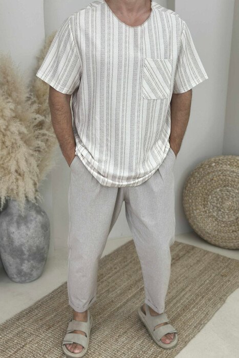 SINGLE POCKET STRIPES MEN T-SHIRT CREAM/KREM - KLAUDIO FASHION