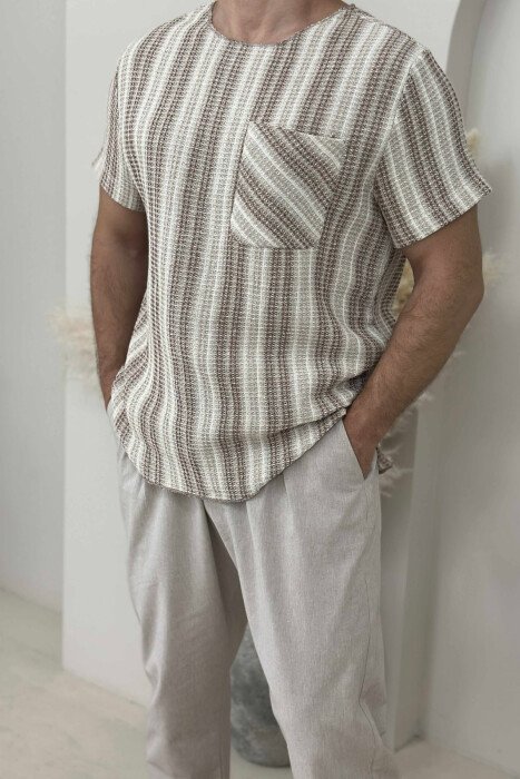 SINGLE POCKET STRIPES MEN T-SHIRT LIGHT BROWN/KAZB - 2