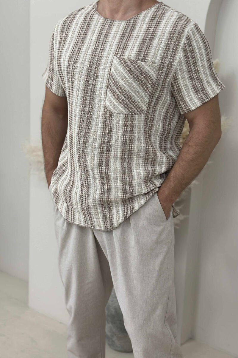 SINGLE POCKET STRIPES MEN T-SHIRT LIGHT BROWN/KAZB - 2