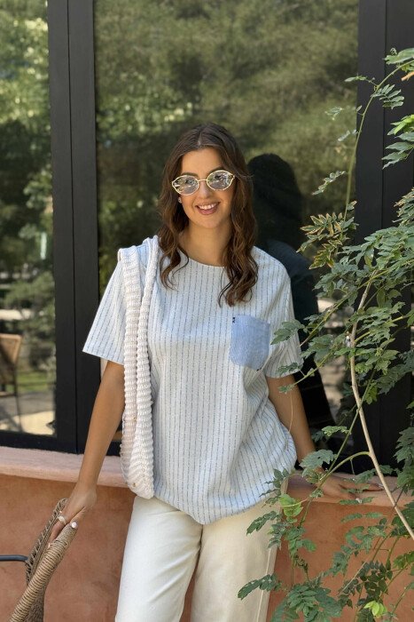 SINGLE POCKET STRIPES WOMEN T-SHIRT LIGHTBLUE/BZ - 2