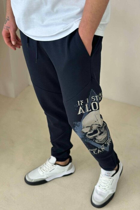 SKULL SIDE DESIGN MEN SWEATPANTS DARK BLUE/BEE - 1