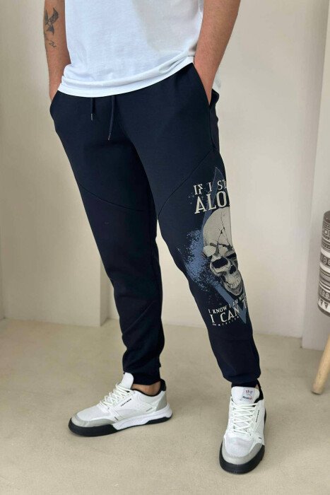SKULL SIDE DESIGN MEN SWEATPANTS DARK BLUE/BEE - 2