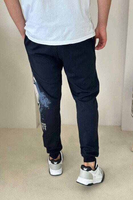 SKULL SIDE DESIGN MEN SWEATPANTS DARK BLUE/BEE - 4
