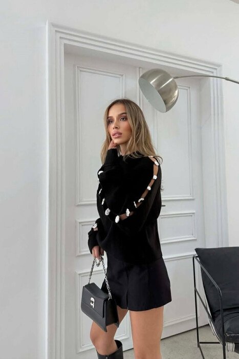 SLEEVE BUTTONED DETAILS WOMEN SWEATER BLACK/ E ZEZE - 2