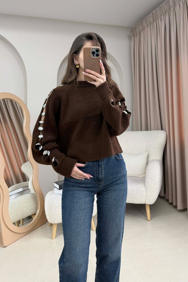 SLEEVE BUTTONED DETAILS WOMEN SWEATER BROWN/KAFE - 1