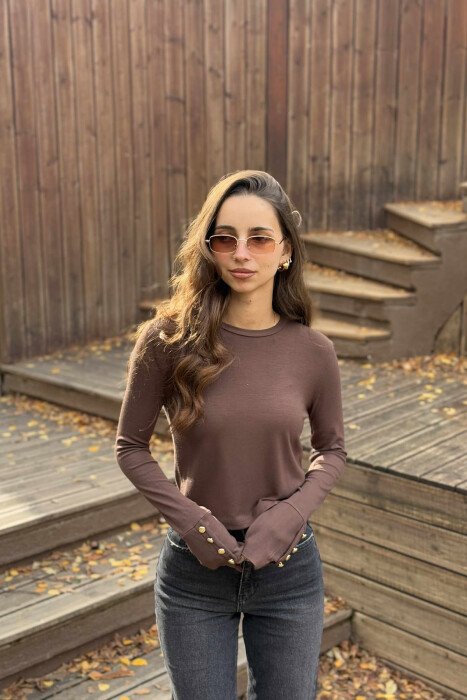 SLEEVE BUTTONS ONE COLOR WOMEN SWEATSHIRT BROWN/KAFE - 2