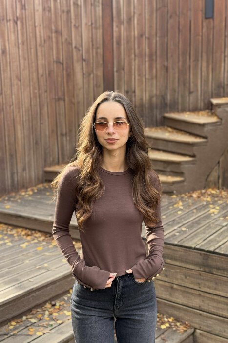SLEEVE BUTTONS ONE COLOR WOMEN SWEATSHIRT BROWN/KAFE - 3
