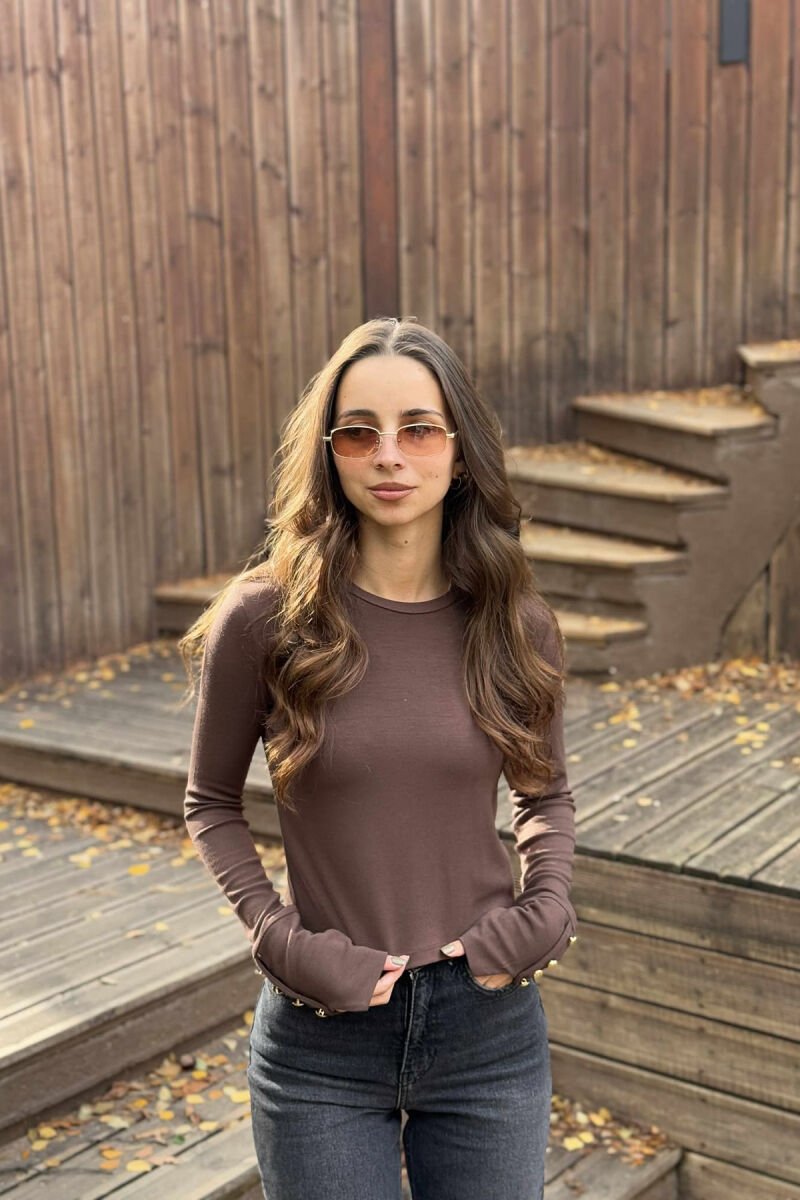SLEEVE BUTTONS ONE COLOR WOMEN SWEATSHIRT BROWN/KAFE - 3