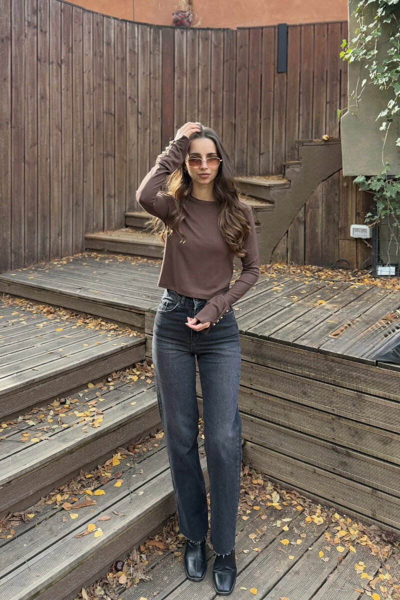 SLEEVE BUTTONS ONE COLOR WOMEN SWEATSHIRT BROWN/KAFE - 4