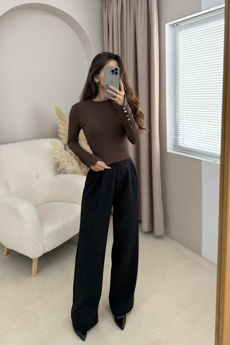 SLEEVE BUTTONS ONE COLOR WOMEN SWEATSHIRT BROWN/KAFE - 6