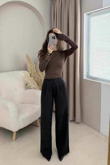 SLEEVE BUTTONS ONE COLOR WOMEN SWEATSHIRT BROWN/KAFE - 7