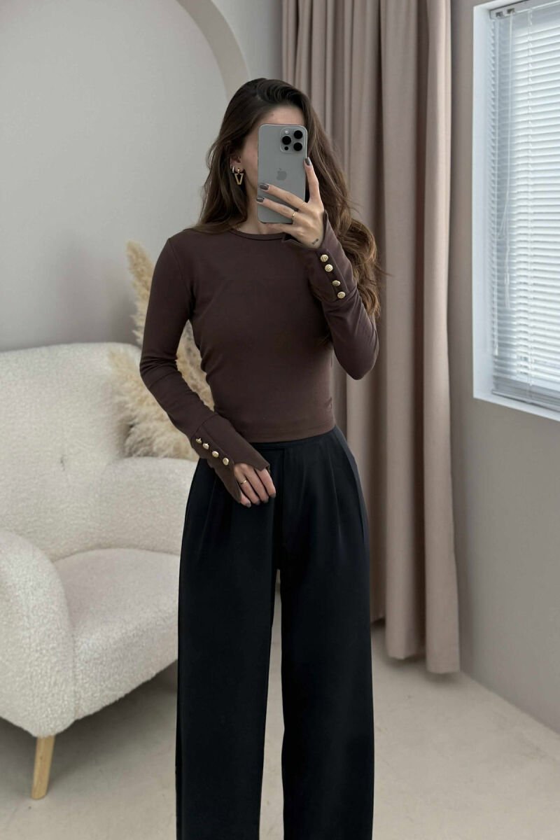 SLEEVE BUTTONS ONE COLOR WOMEN SWEATSHIRT BROWN/KAFE - 8