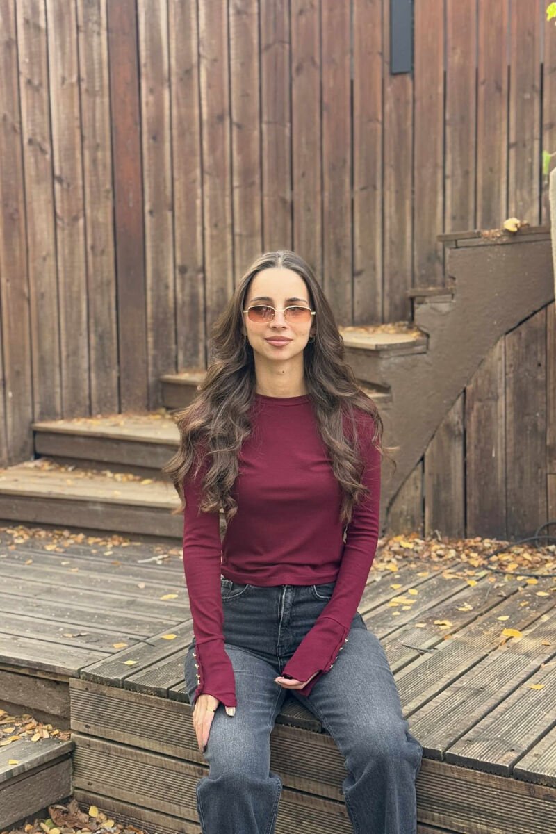 SLEEVE BUTTONS ONE COLOR WOMEN SWEATSHIRT BURGUNDY/VISHNJE - 2