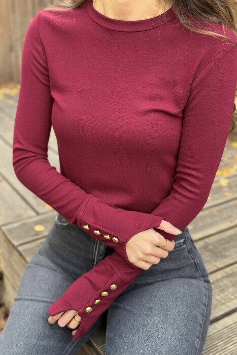 SLEEVE BUTTONS ONE COLOR WOMEN SWEATSHIRT BURGUNDY/VISHNJE - 1