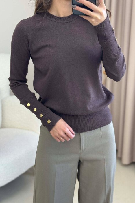 SLEEVE BUTTONS ONE COLOR WOMEN SWEATSHIRT DARK BROWN/KAE - 3