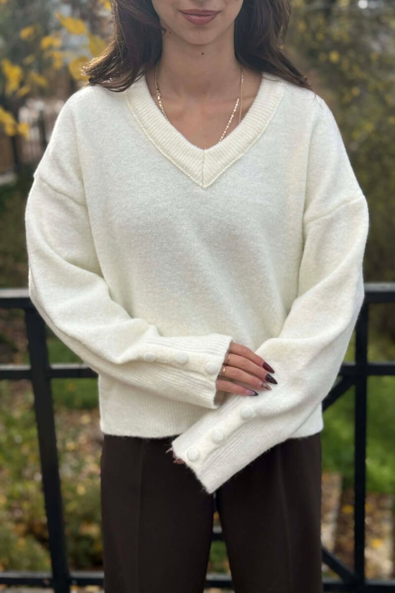 SLEEVE BUTTONS V NECK WOMEN SWEATER CREAM/KREM - 3