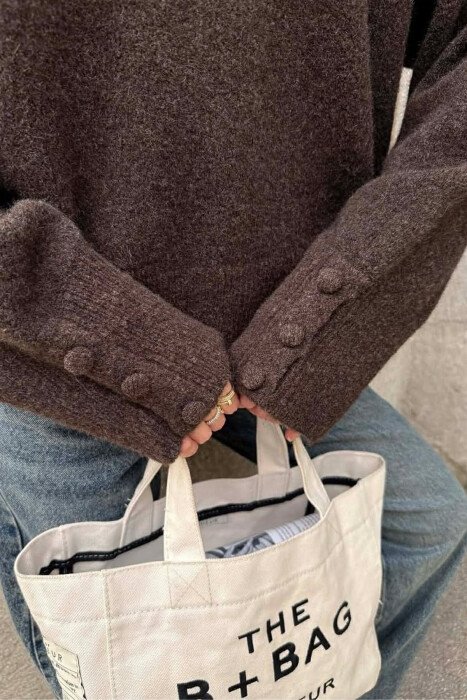 SLEEVE BUTTONS V NECK WOMEN SWEATER DARK BROWN/KAE - 2