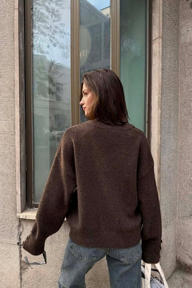 SLEEVE BUTTONS V NECK WOMEN SWEATER DARK BROWN/KAE - 3