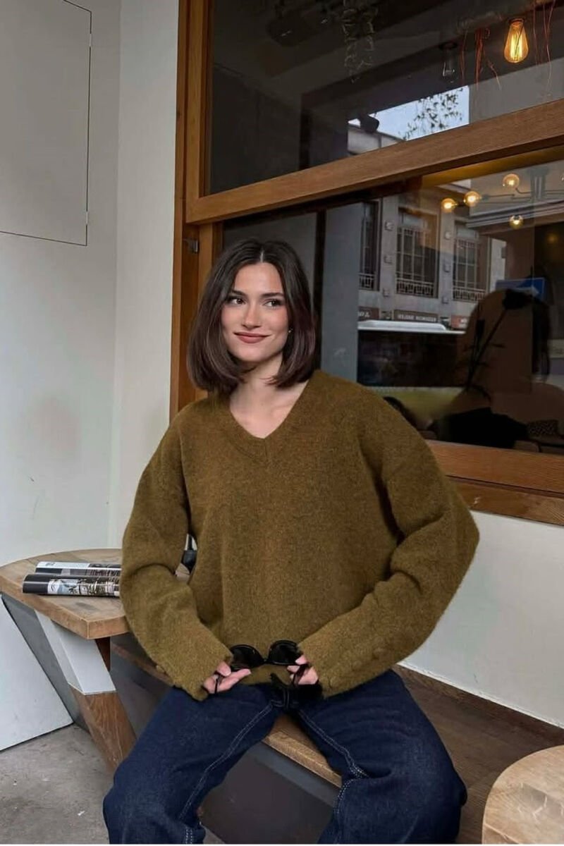 SLEEVE BUTTONS V NECK WOMEN SWEATER OLIVE/ULLI - 6