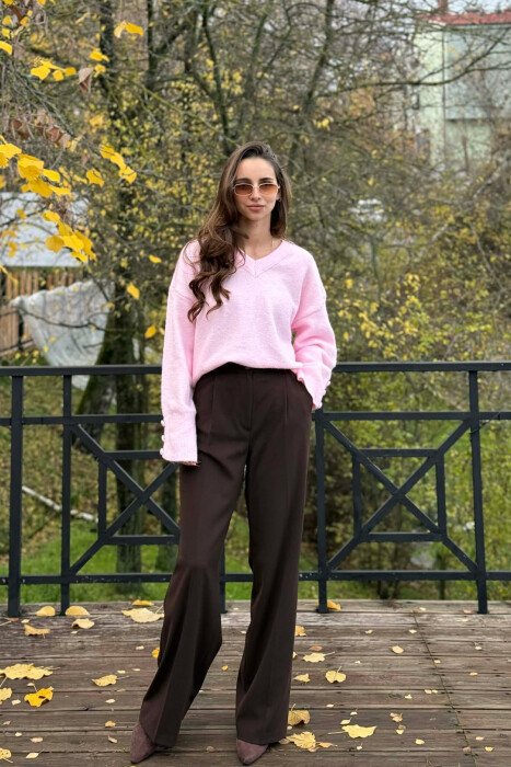 SLEEVE BUTTONS V NECK WOMEN SWEATER PINK/ROZE - 2