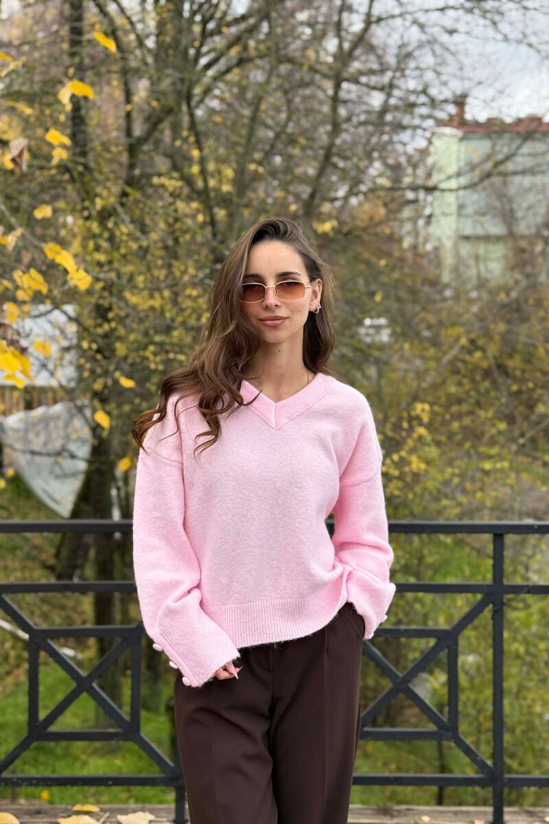 SLEEVE BUTTONS V NECK WOMEN SWEATER PINK/ROZE - 3