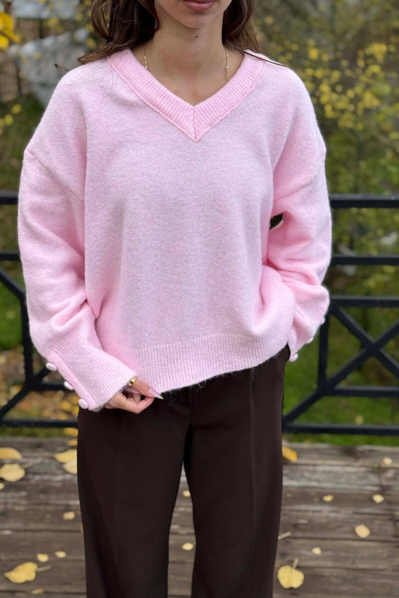 SLEEVE BUTTONS V NECK WOMEN SWEATER PINK/ROZE - 4
