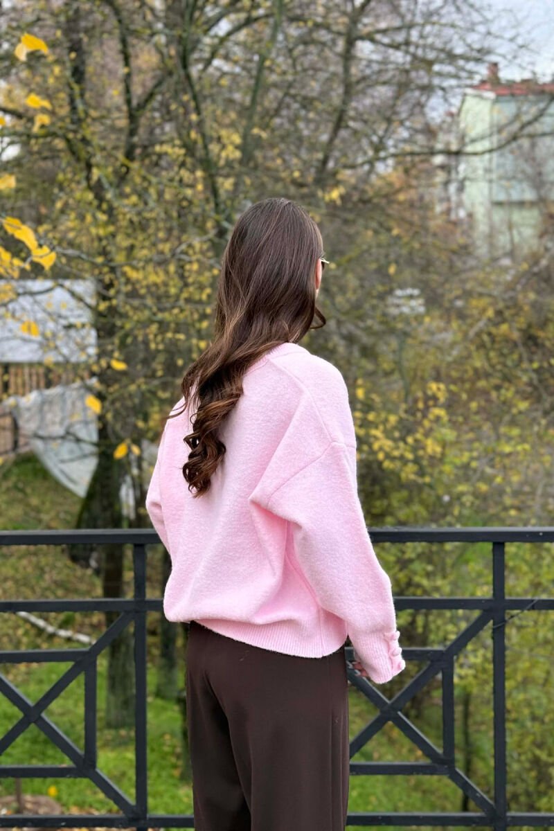 SLEEVE BUTTONS V NECK WOMEN SWEATER PINK/ROZE - 5