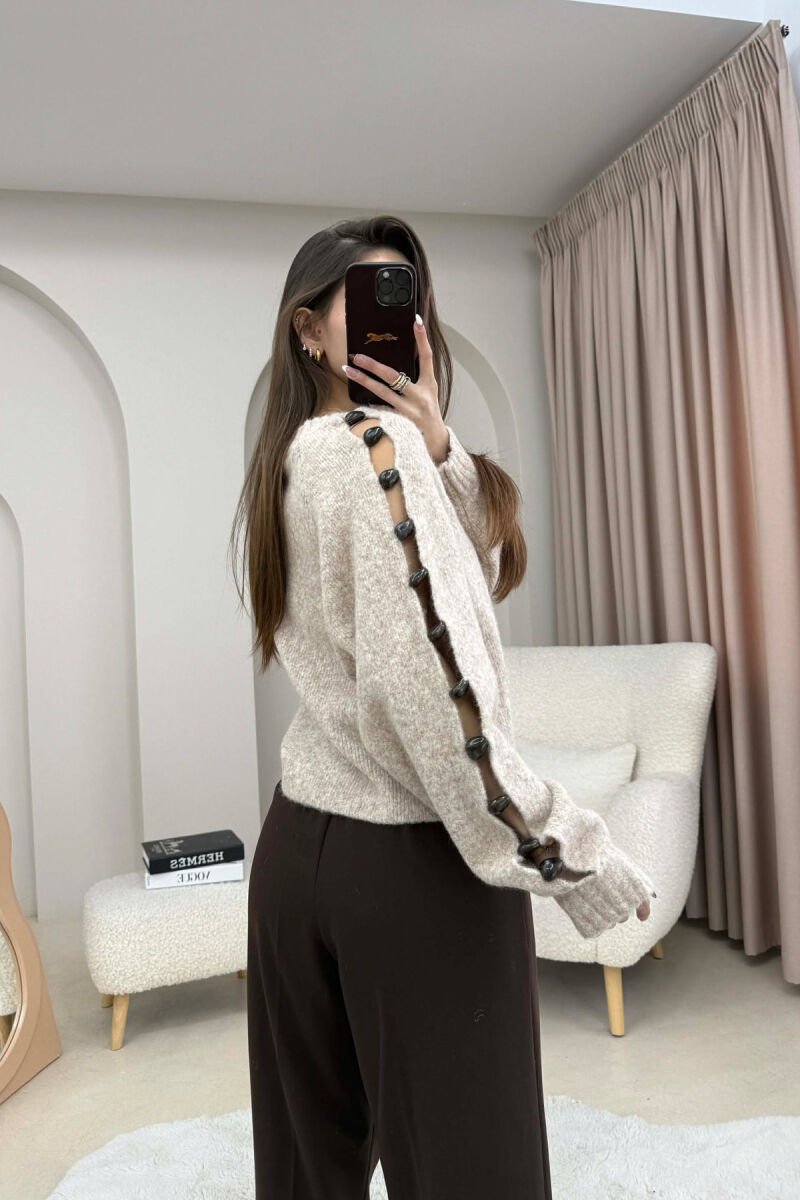 SLEEVE STONE DETAIL SHORT WOMAN SWEATER BEIGE/BEZHE - 2