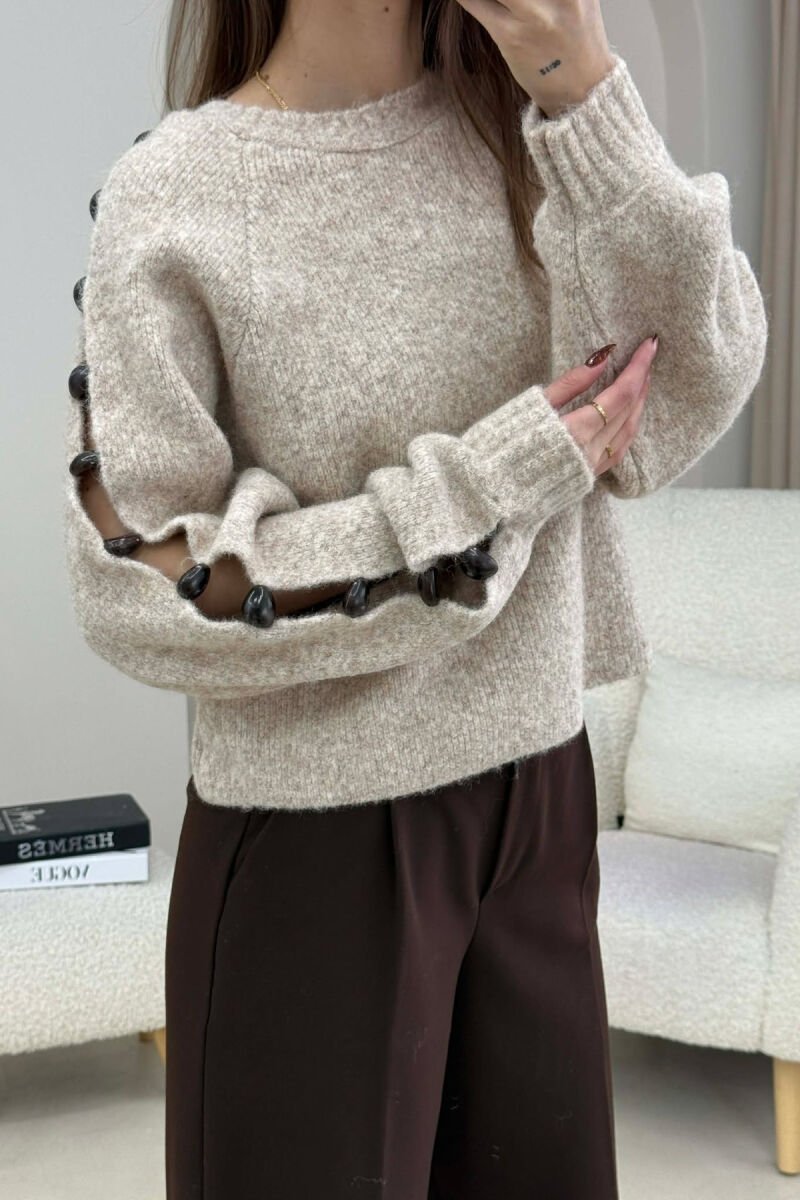 SLEEVE STONE DETAIL SHORT WOMAN SWEATER BEIGE/BEZHE - 3
