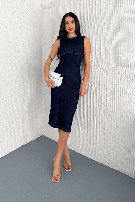 FUSTAN PA MËNGË ME ZINXHIR MBRAPA NË NGJYRËN BLU TË ERRËT - KLAUDIO FASHION