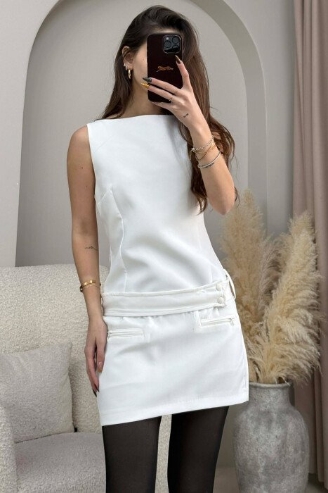 SLEEVELESS BELT DETAIL FAKE POCKETS WOMEN DRESS WHITE-E BARDHE - 2