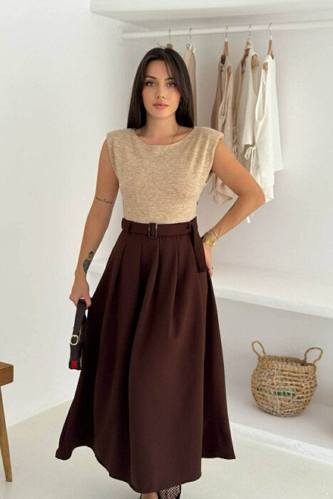 SLEEVELESS BELT DETAIL WOMEN DRESS BEIGE/BEZHE - KLAUDIO FASHION