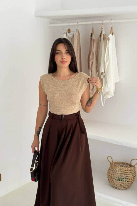 SLEEVELESS BELT DETAIL WOMEN DRESS BEIGE/BEZHE - 5
