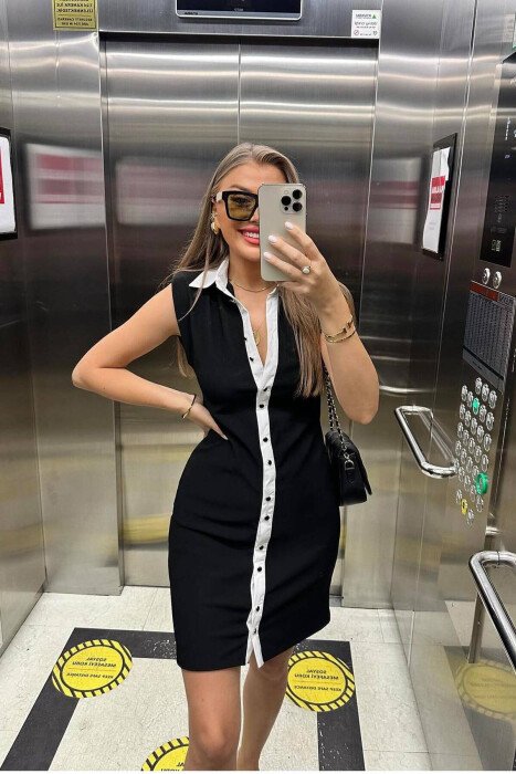 SLEEVELESS BUTTON WOMEN DRESS BLACK-WHITE/ZEBA - 2