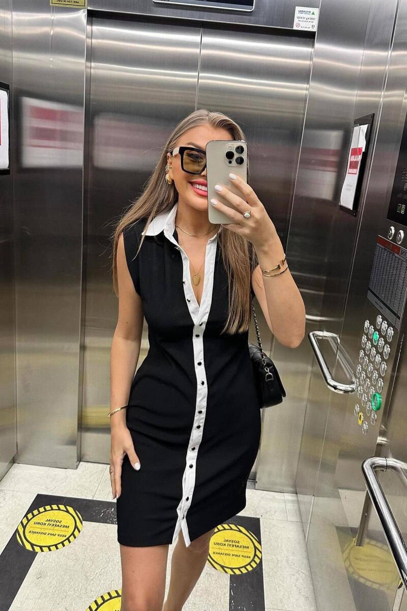SLEEVELESS BUTTON WOMEN DRESS BLACK-WHITE/ZEBA - 3