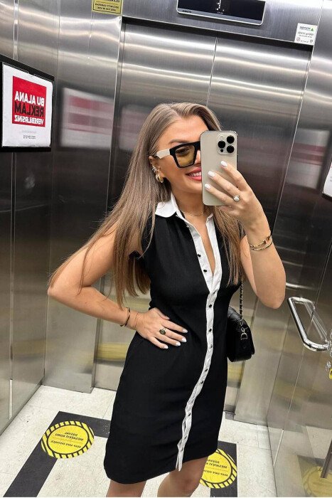 SLEEVELESS BUTTON WOMEN DRESS BLACK-WHITE/ZEBA - 4