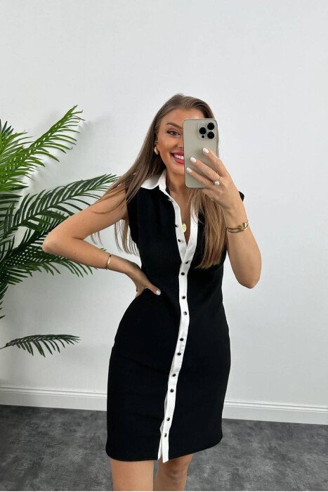 SLEEVELESS BUTTON WOMEN DRESS BLACK-WHITE/ZEBA - 6