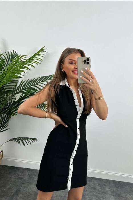 SLEEVELESS BUTTON WOMEN DRESS BLACK-WHITE/ZEBA - 7