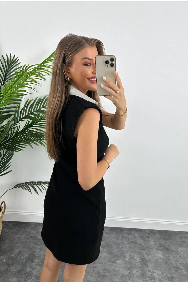 SLEEVELESS BUTTON WOMEN DRESS BLACK-WHITE/ZEBA - 9