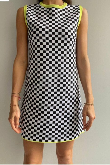 SLEEVELESS CHESS DESIGN WOMEN DRESS BLACK-WHITE/ZB - KLAUDIO FASHION