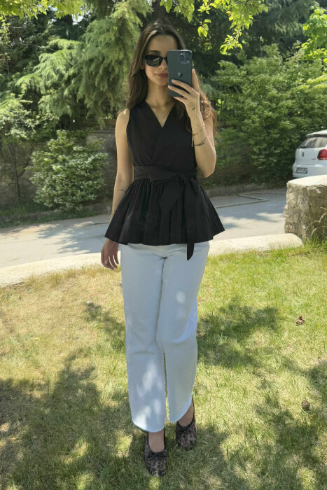 SLEEVELESS ONE COLOR LACING DETAIL WOMEN SHIRT BLACK/ E ZEZE - KLAUDIO FASHION